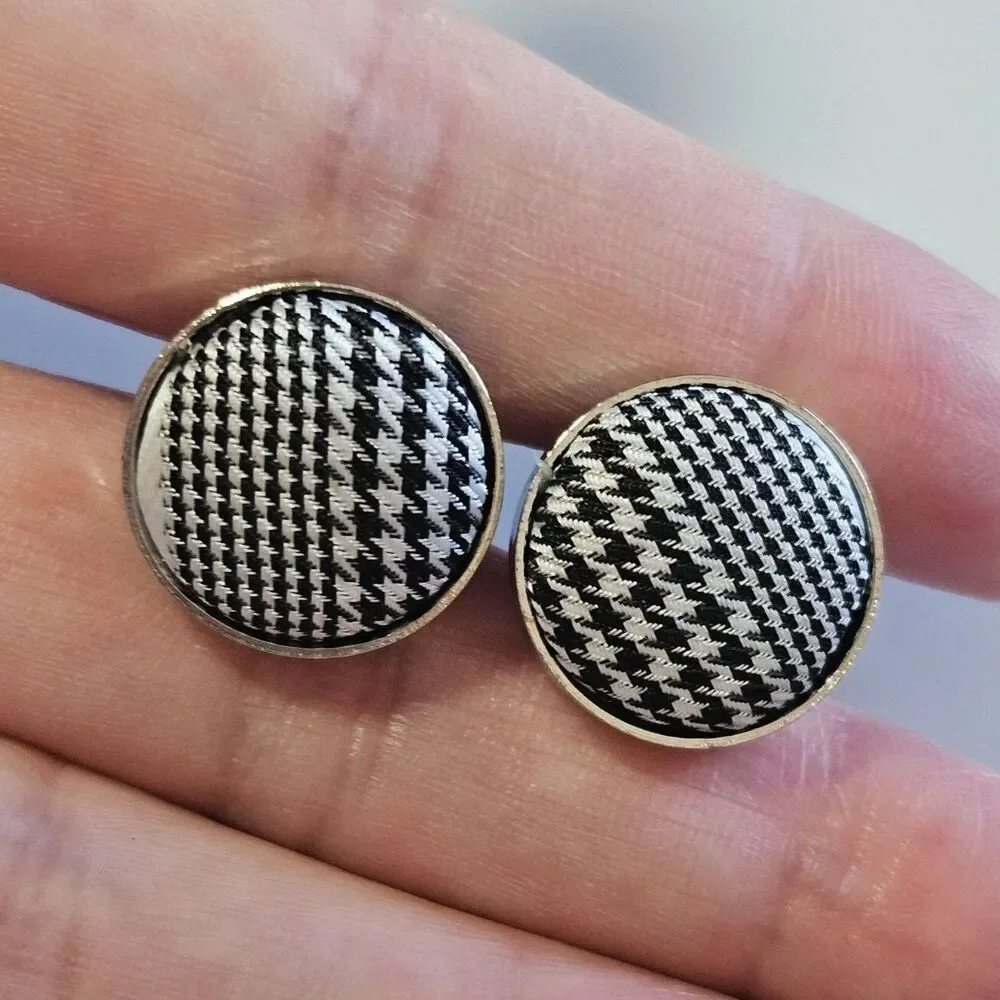Men's Black and White Checkered Fabric Cufflinks Vintage Silver Tone